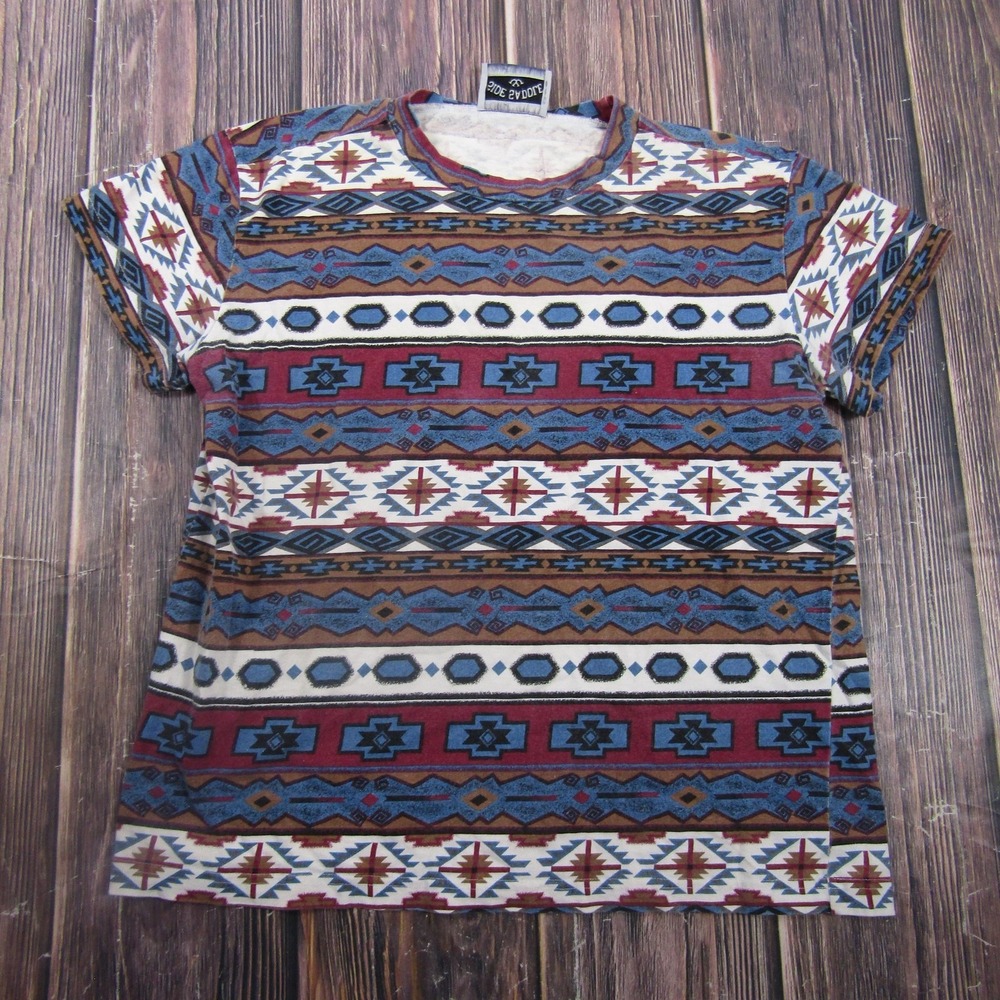 Side Saddle Shirt Womens M Multicolor Aztec Crew Neck Short Sleeve Western